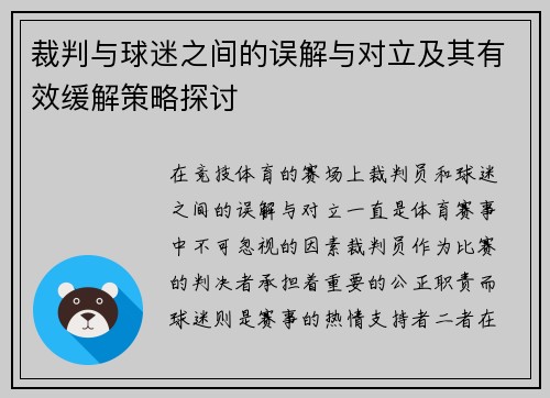 裁判与球迷之间的误解与对立及其有效缓解策略探讨