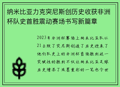 纳米比亚力克突尼斯创历史收获非洲杯队史首胜震动赛场书写新篇章